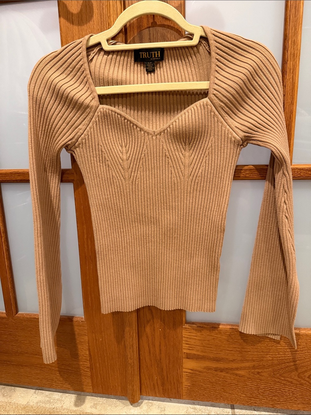 Truth Ribbed Long Sleeve Sweetheart Neck Top in Camel